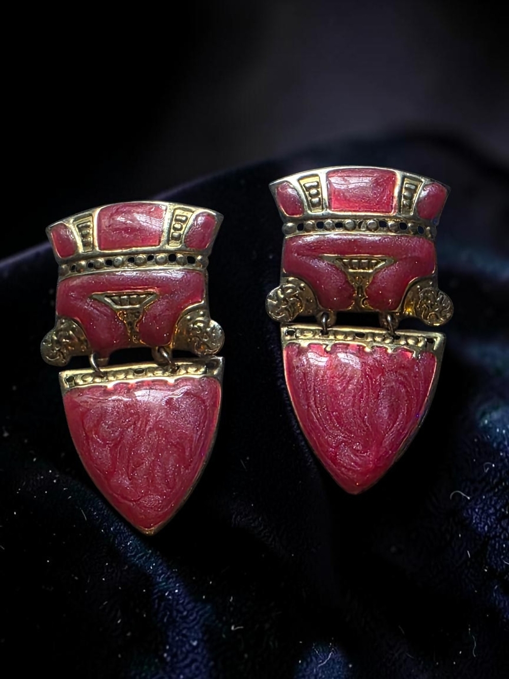 Vintage Gold Tone Red Enamel Geometric Dangle Post Earrings